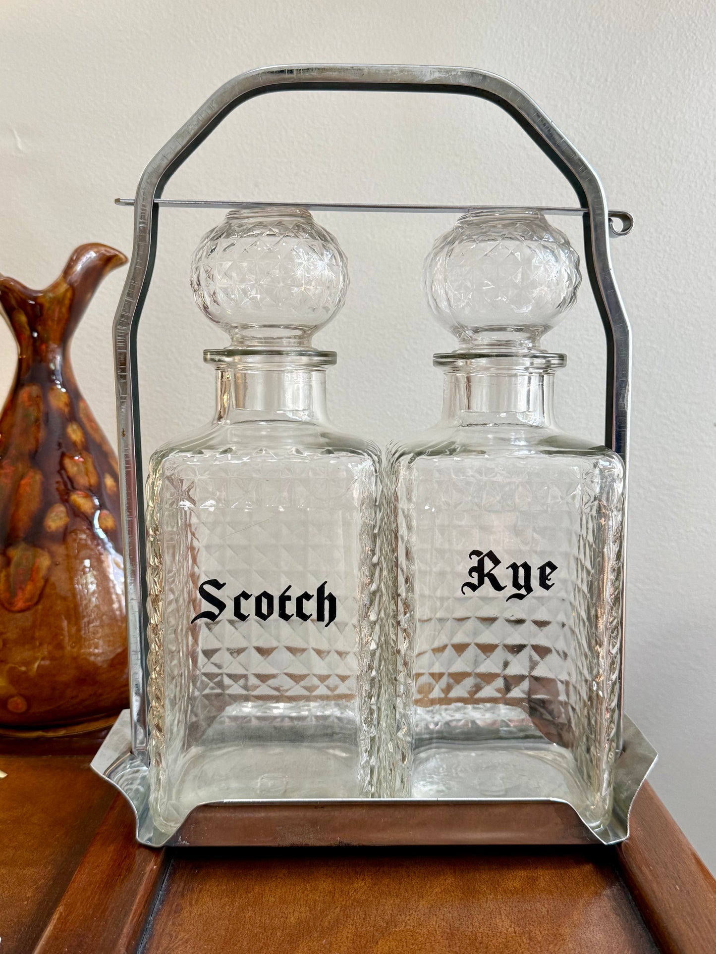 1960s Cut Glass Decanter Set + Holder