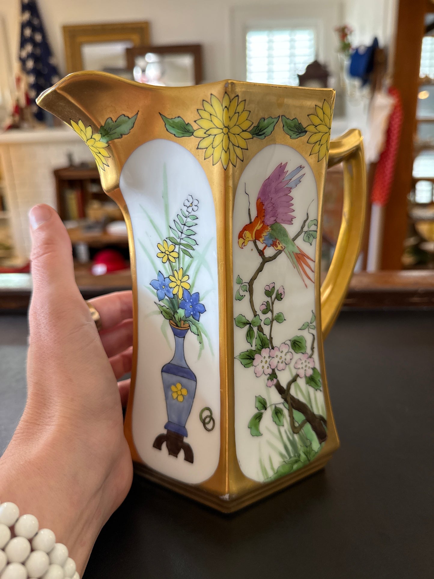 1880s-1918 C.S. Painted Pitcher w Bird and Floral Motif