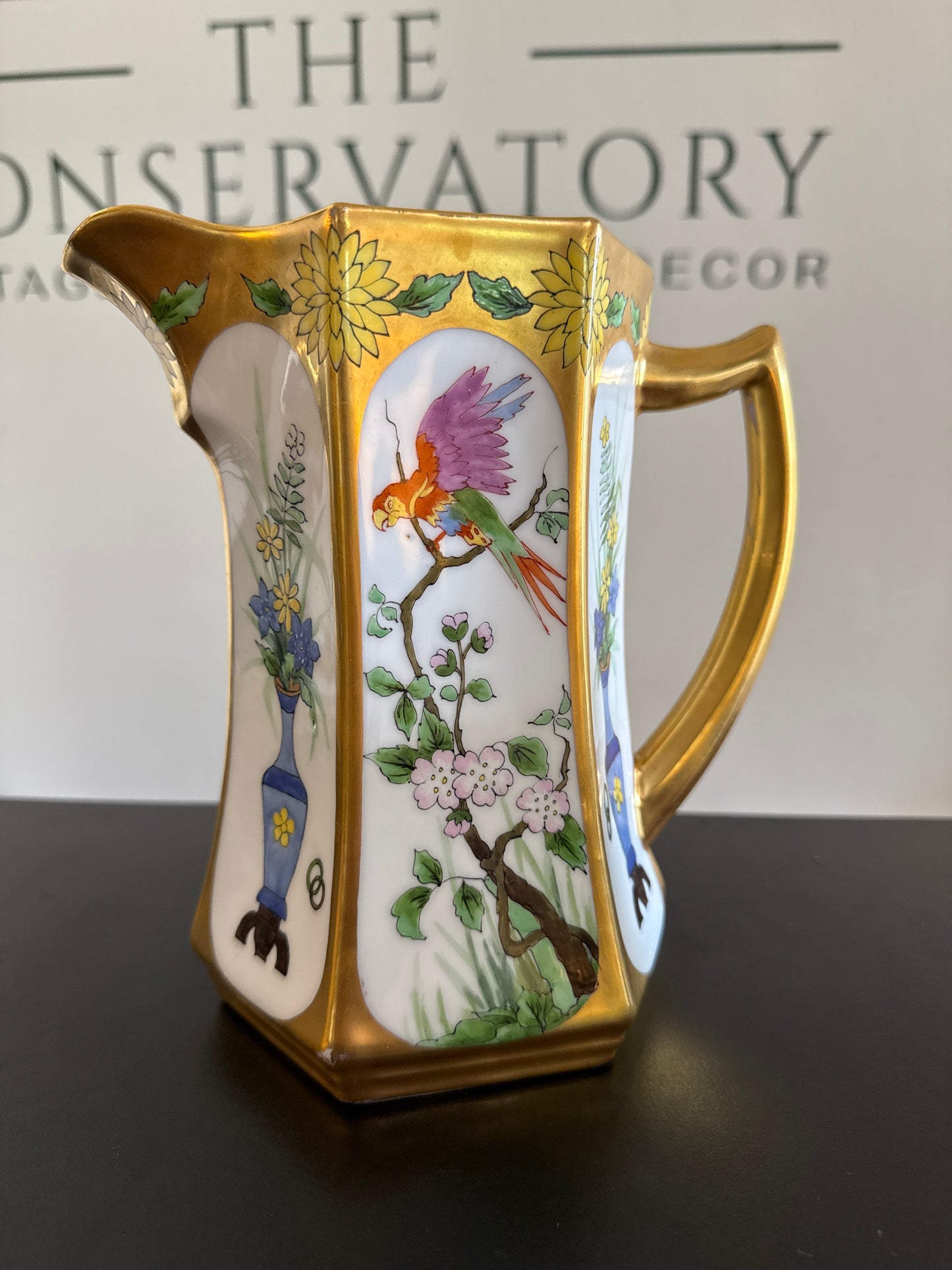 1880s-1918 C.S. Painted Pitcher w Bird and Floral Motif